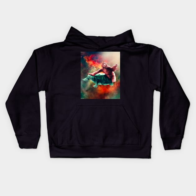 Funny Space Sloth Riding On Turtle Kids Hoodie by Random Galaxy